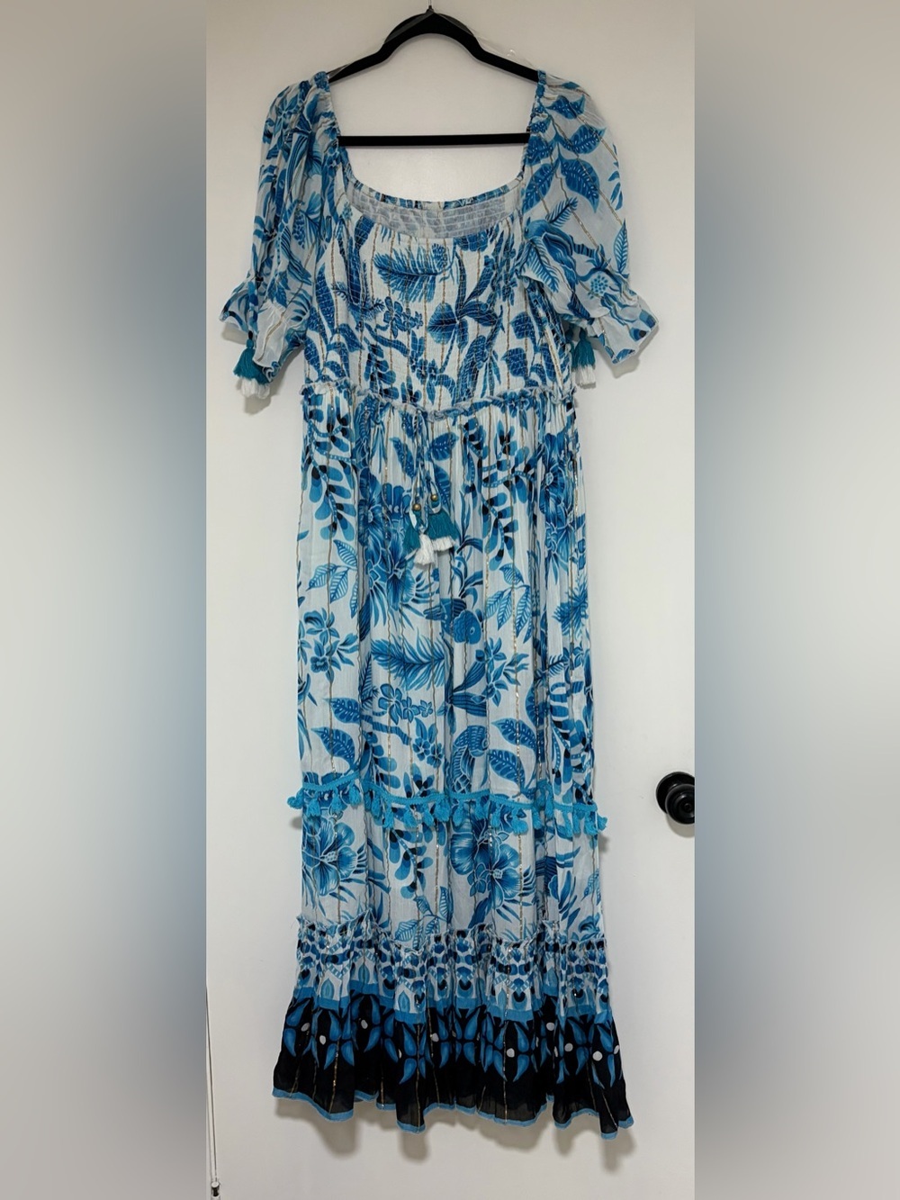 Women’s Blue Tropical Short Sleeve Boho Maxi Dress Size XL Tassels - Picture 1 of 9